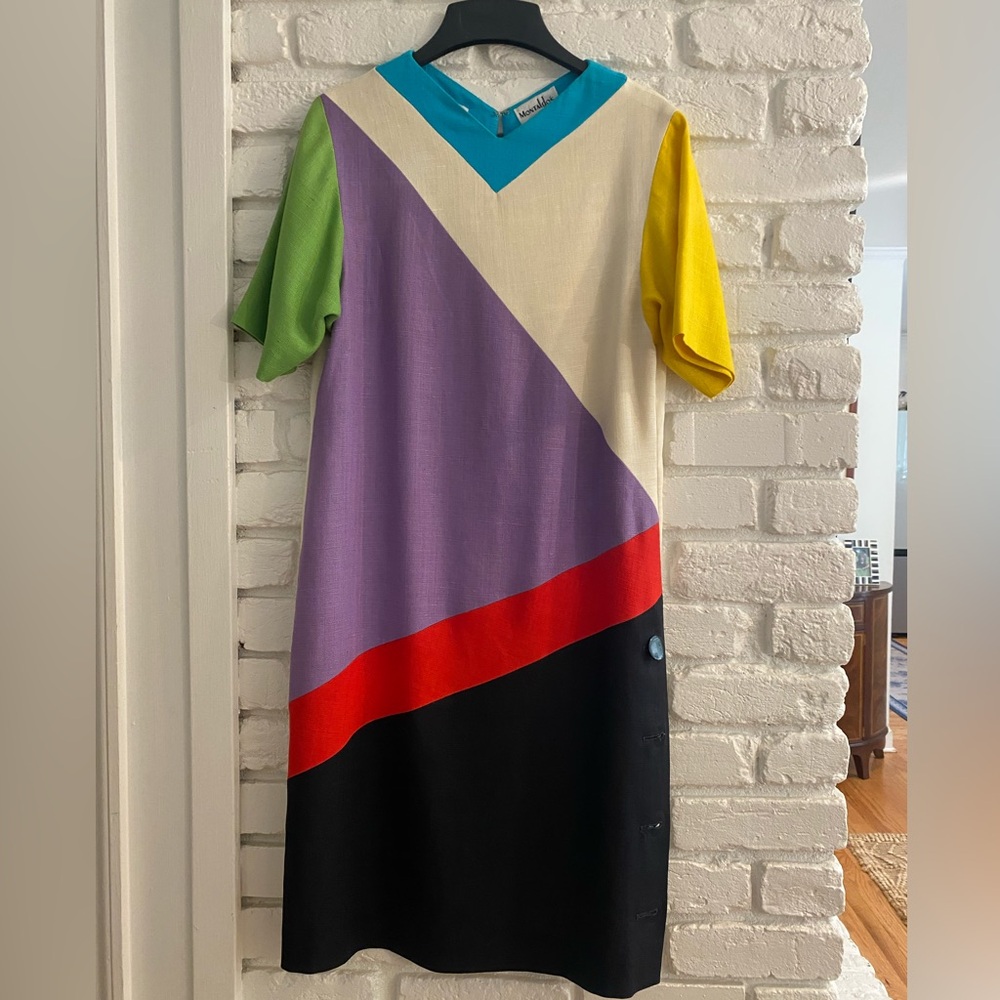 Vintage Space-Age Mollie Parnis for Montaldo’s Abstract Linen Go-Go Shift Dress